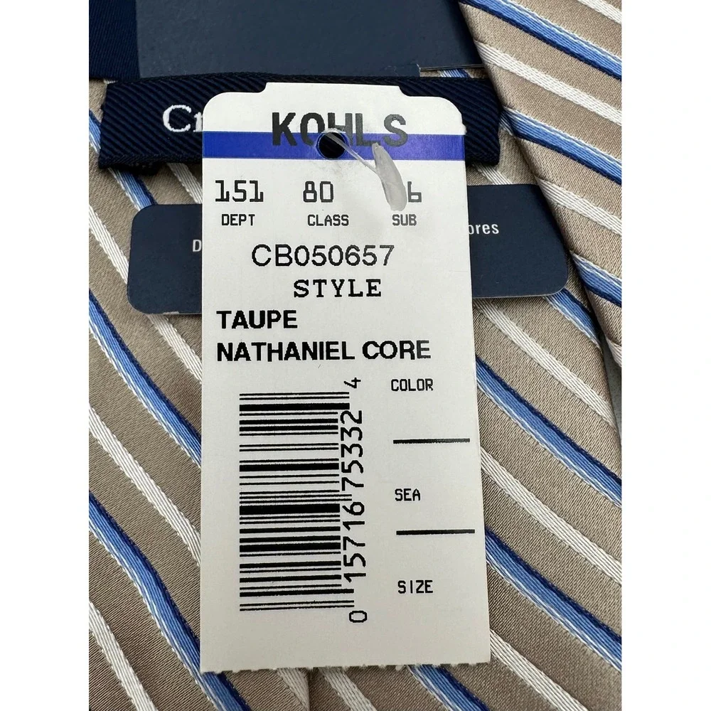 NWT Croft & Barrow Mens Silk Tie Taupe Blue White Striped Nathaniel Core